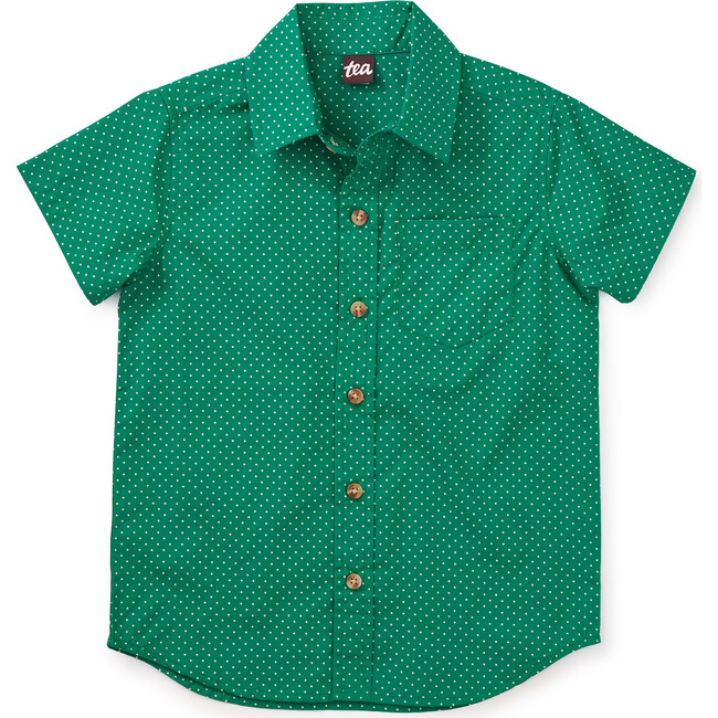 Polka Dot Button-Up Woven Shirt, Green And White