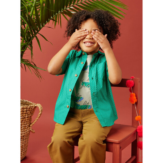 Polka Dot Button-Up Woven Shirt, Green And White - Shirts - 4