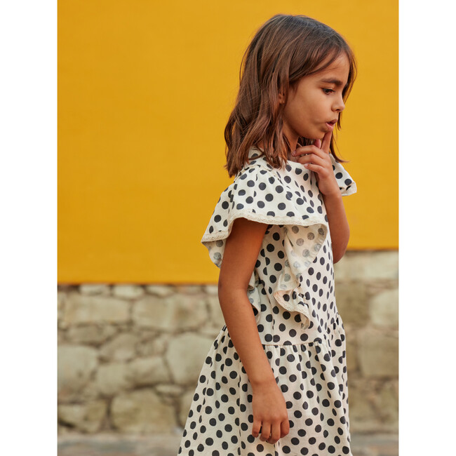 Polka Dot Crochet Trim Short Sleeve Ruffle Dress, Black And White - Dresses - 5