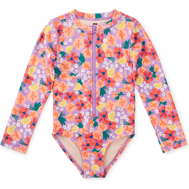 Long Sleeve One-Piece Swimsuit, Painted Squash & Hibiscus