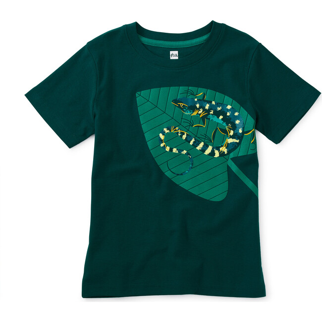 Lizard on a Leaf Short Sleeve Graphic Jersey Tee, River Green
