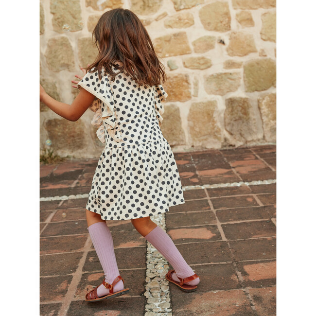 Polka Dot Crochet Trim Short Sleeve Ruffle Dress, Black And White - Dresses - 7