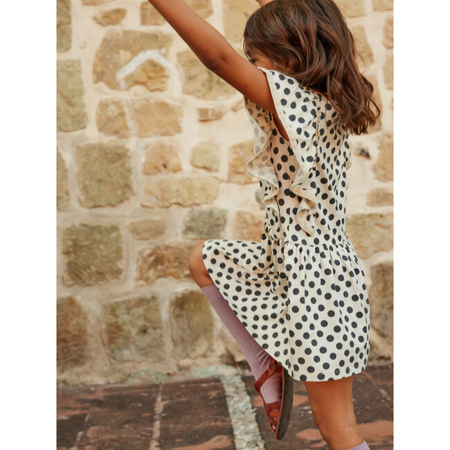 Polka Dot Crochet Trim Short Sleeve Ruffle Dress, Black And White - Dresses - 8