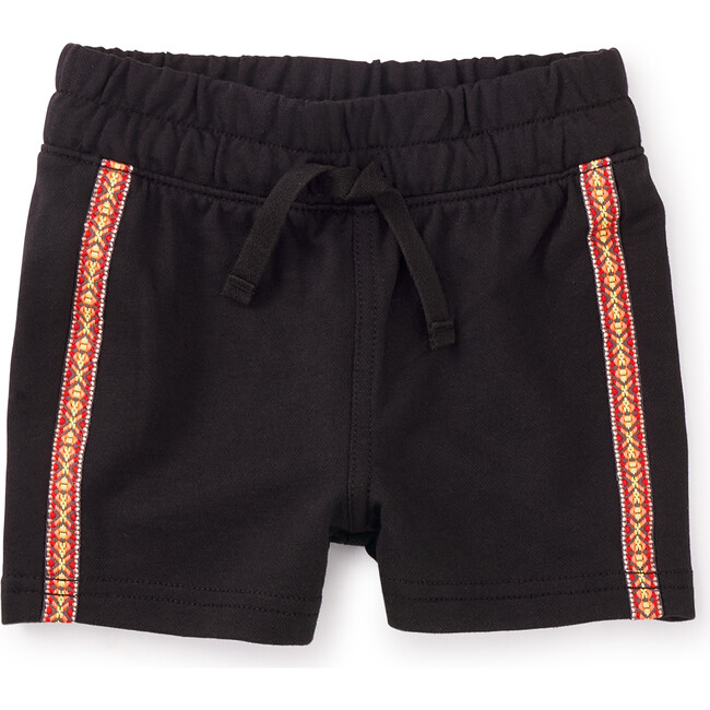 Jacquard Trim Knit Mid-Thigh Length Baby Shorts, Jet Black - Shorts - 1