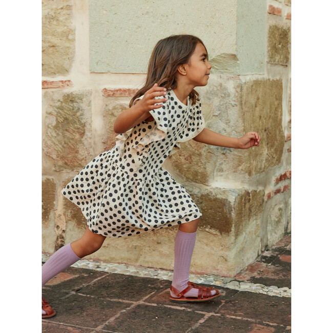Polka Dot Crochet Trim Short Sleeve Ruffle Dress, Black And White - Dresses - 9