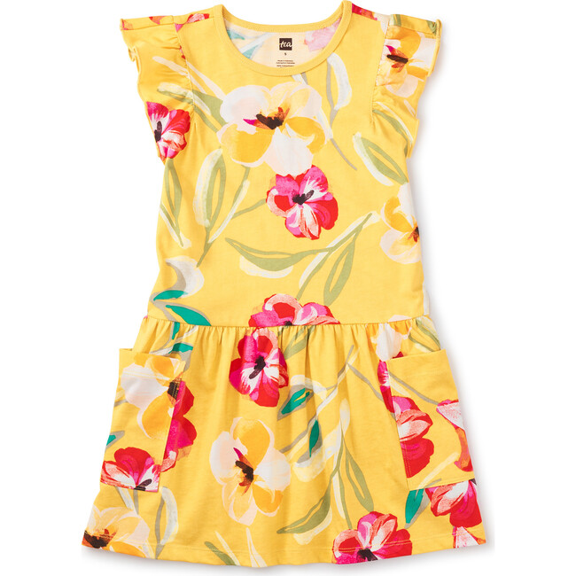 Flutter Sleeve Pocket Dress, Painterly Hibiscus And Yellow - Dresses - 1