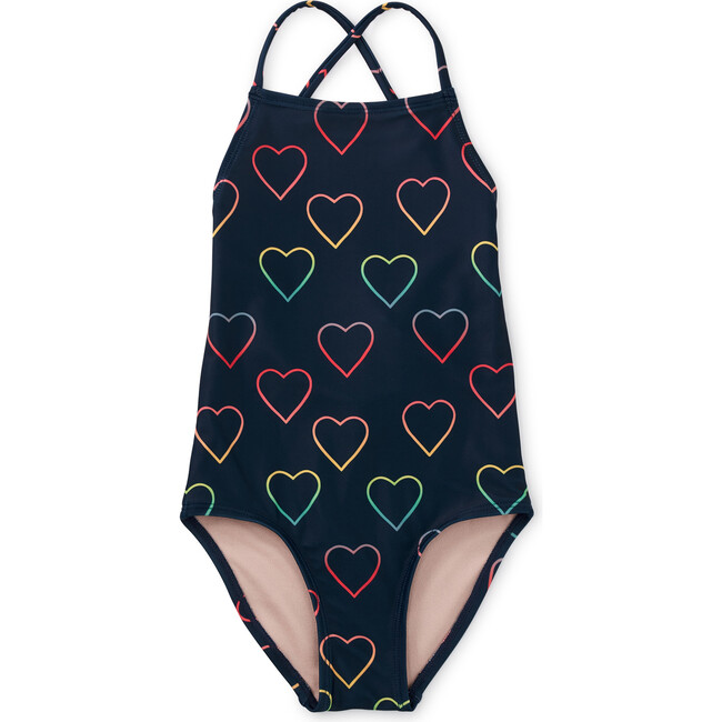 Cross Back One-Piece Swimsuit, Ombre Hearts And Blue - One Pieces - 1