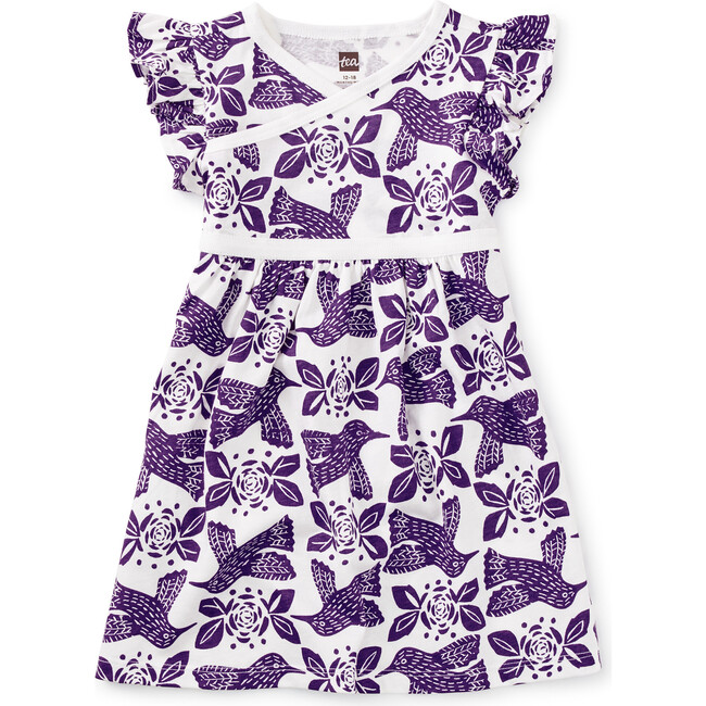 Baby Wrap Neck Short Ruffle Sleeve Dress, Woodblock Hummingbird - Dresses - 1