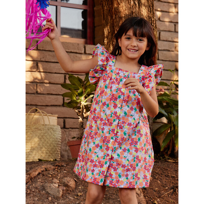 Boat Neck Buttoned Woven Dress, Painted Squash & Hibiscus - Dresses - 4