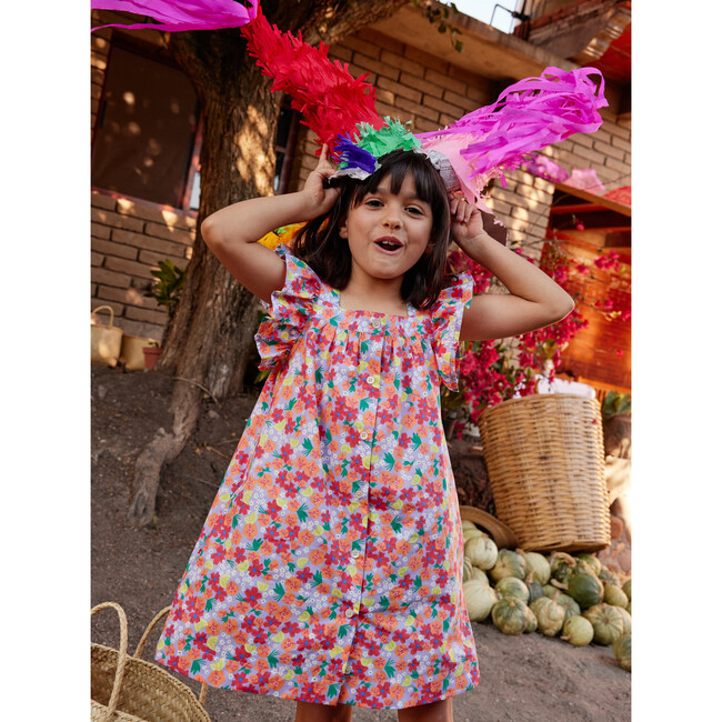 Boat Neck Buttoned Woven Dress, Painted Squash & Hibiscus - Dresses - 5