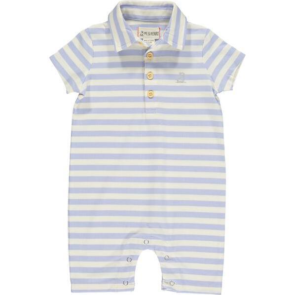 Stripe Short Sleeve Pique Polo Romper, Lilac And Cream