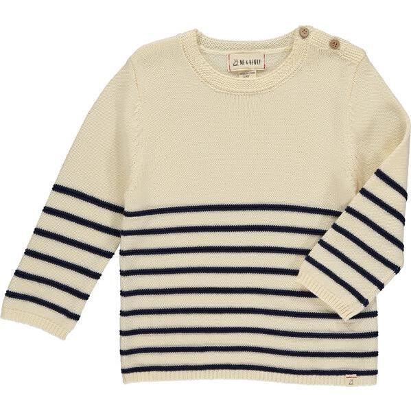 Striped Knit Long Sleeve Shoulder Buttoned Sweater, Cream And Navy