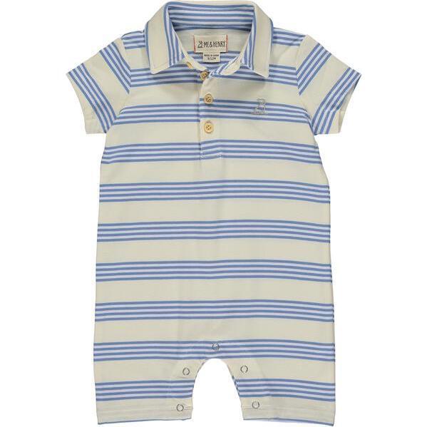 Stripe Short Sleeve Pique Polo Romper, Blue And Cream - Rompers - 1