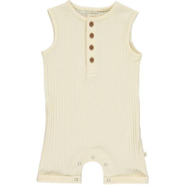 Sleeveless Ribbed Romper With Buttons, Cream