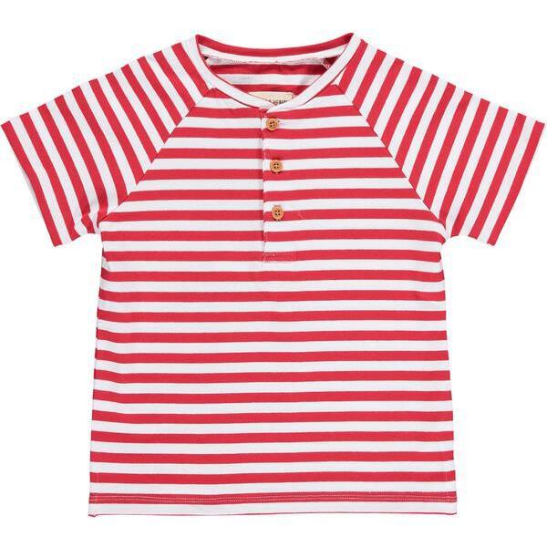 Stripe Short Raglan Sleeved Henley Tee, Red And White