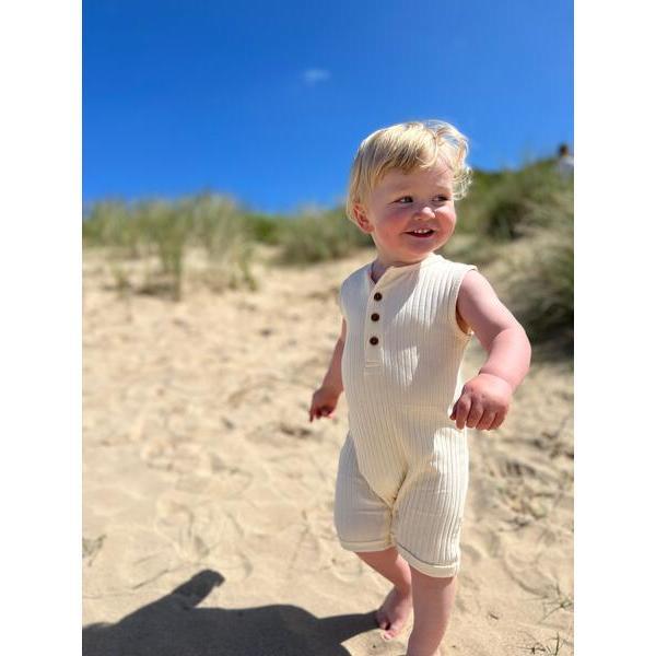 Sleeveless Ribbed Romper With Buttons, Cream - Rompers - 2