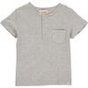 Ribbed Cotton Short Sleeved Henley Tee, Grey - T-Shirts - 1 - thumbnail