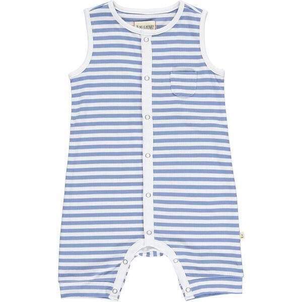 Stripe Sleeveless Playsuit With Front Snap Buttons, Blue And White
