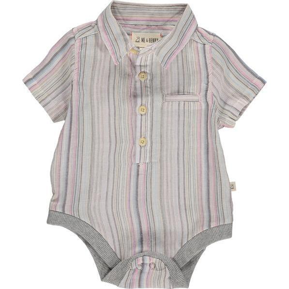 Stripe Short Sleeved Woven Onesie, Pink And Multicolors