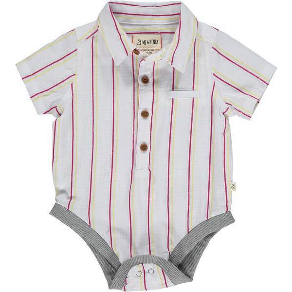 Stripe Short Sleeved Woven Onesie, Red, Blue And Gold