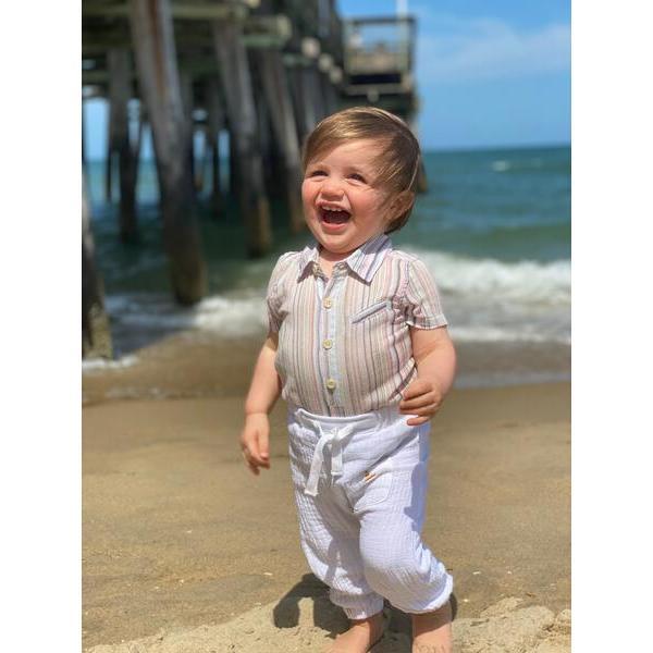 Stripe Short Sleeved Woven Onesie, Pink And Multicolors - Onesies - 2