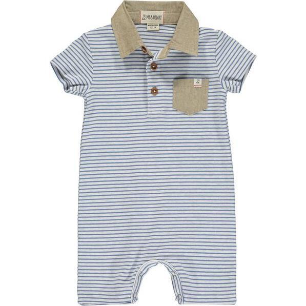 Stripe Short Sleeve Polo Romper, Pale Blue And Grey
