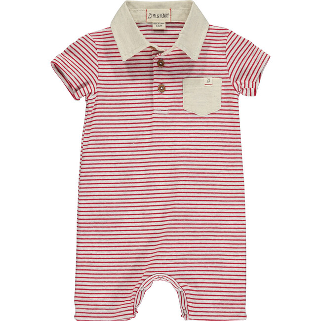 Stripe Short Sleeve Polo Romper, Red And Grey