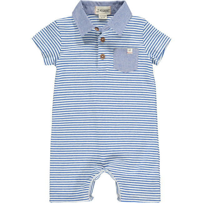 Stripe Short Sleeve Polo Romper, Royal Blue And Grey - Rompers - 1