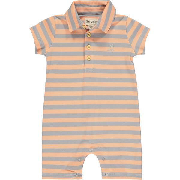 Stripe Short Sleeve Pique Polo Romper, Salmon And Grey