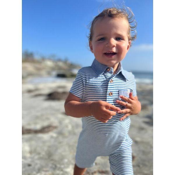 Stripe Short Sleeve Polo Romper, Royal Blue And Grey - Rompers - 2