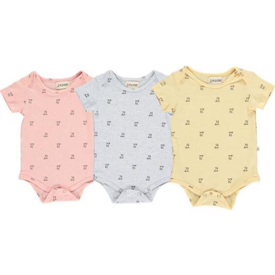Henry Dog Print Onesies In Three Sizes, Peach, Grey And Yellow (Pack Of 3)