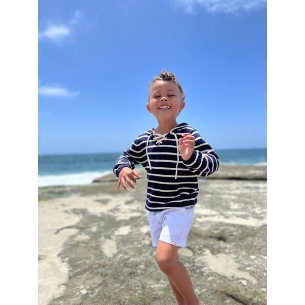 Long Sleeve Stripe Hooded Pull-Over Sweater, Navy - Sweatshirts - 2