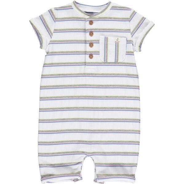 Crew Neck Short Sleeve Striped Henley Romper, White And Multicolors
