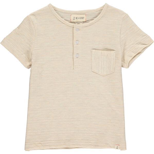 Ribbed Cotton Short Sleeved Henley Tee, Beige - T-Shirts - 1