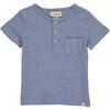 Ribbed Cotton Short Sleeved Henley Tee, Blue - T-Shirts - 1 - thumbnail