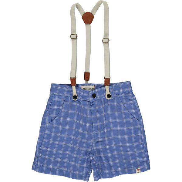 Cotton Gauze Plaid Shorts With Removeable Suspenders, Blue And White