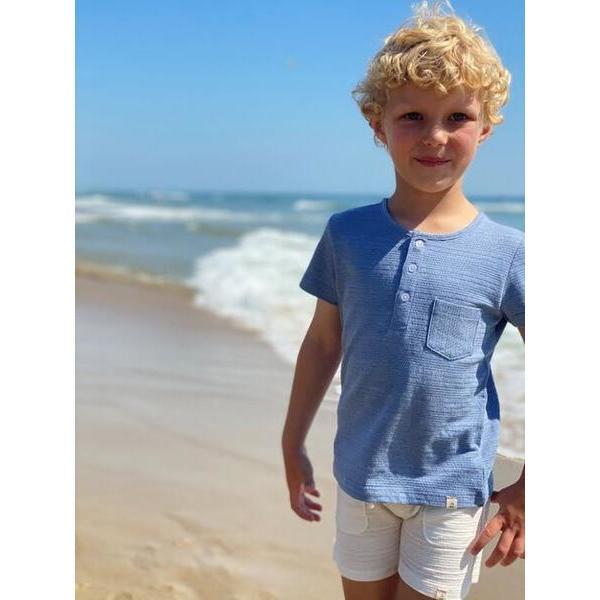 Ribbed Cotton Short Sleeved Henley Tee, Blue - T-Shirts - 2