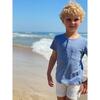 Ribbed Cotton Short Sleeved Henley Tee, Blue - T-Shirts - 2