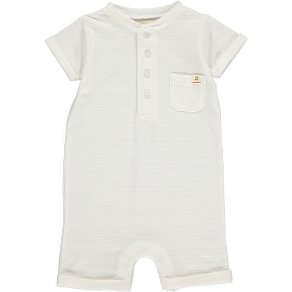 Ribbed Cotton Short Sleeved Henley Romper, White - Rompers - 1