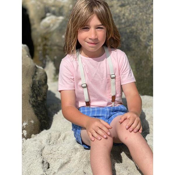 Cotton Gauze Plaid Shorts With Removeable Suspenders, Blue And White - Shorts - 2