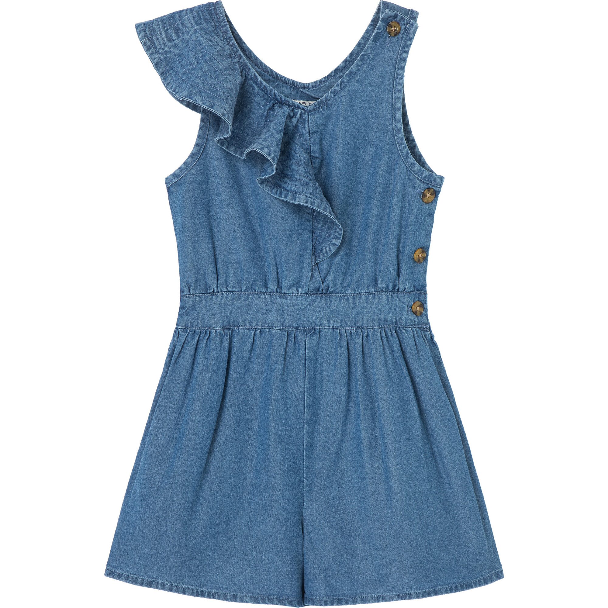 Seamed Ruffle One Shoulder Chambray Romper, Indigo - Rompers - 1