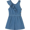 Seamed Ruffle One Shoulder Chambray Romper, Indigo - Rompers - 1 - thumbnail