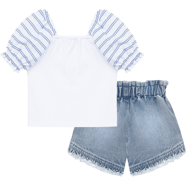 Stripe Sleeve Knit-To-Woven Top And Short Set, White - Mixed Apparel Set - 2