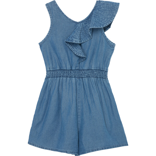 Seamed Ruffle One Shoulder Chambray Romper, Indigo - Rompers - 2