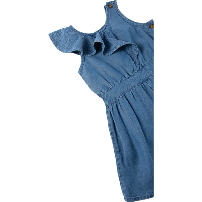 Seamed Ruffle One Shoulder Chambray Romper, Indigo - Rompers - 3