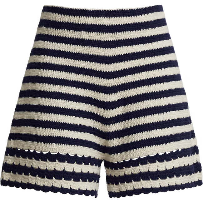 Women's Lara Crochet Stripe Short, Ivory + Navy Stripe