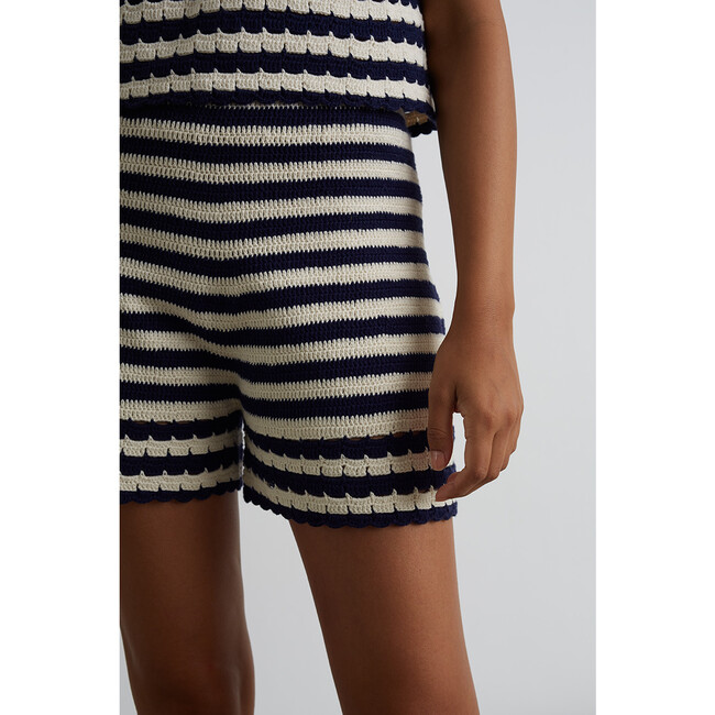 Women's Lara Crochet Stripe Short, Ivory + Navy Stripe - Shorts - 4