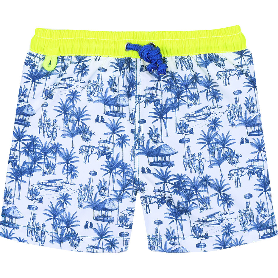 Meno Fluorescent Waist Print Swim Trunk, Toile De Jouy Balinaise Inspiration - Swim Trunks - 1