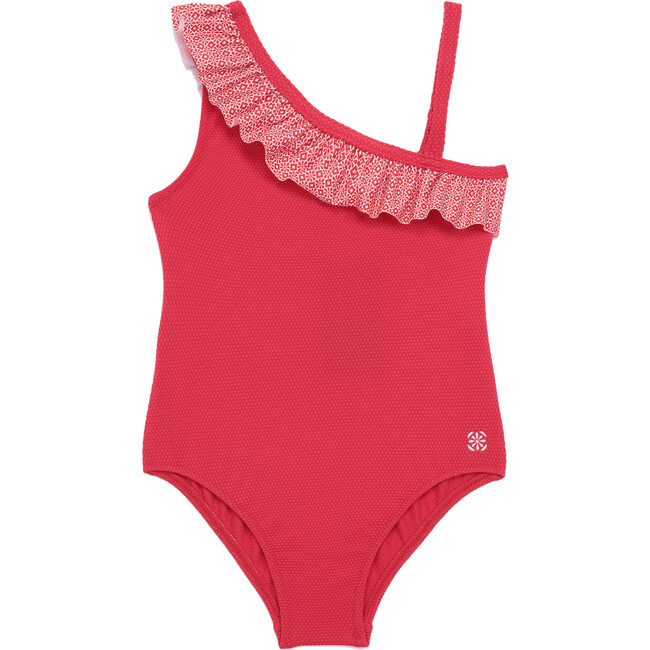Flores Asymmetrical Printed One-Piece Swimsuit, Red Azulejos