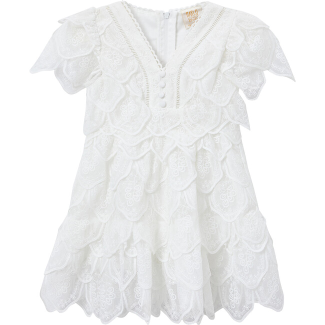 Rosette Embroidered V-Neck Short Sleeve Mini Dress, Ivory
